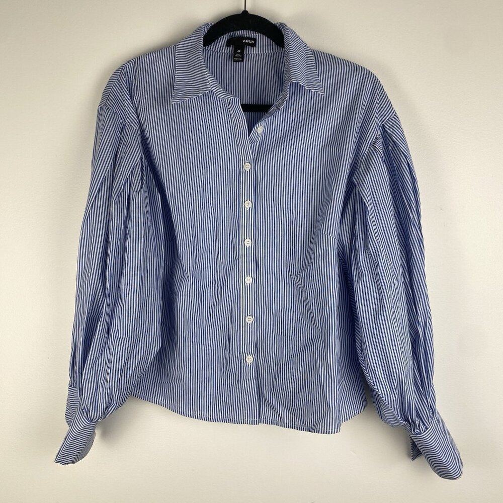 Aqua Women's Puff Sleeve Button Up Blouse Size S Blue White Stripe 100% Cotton